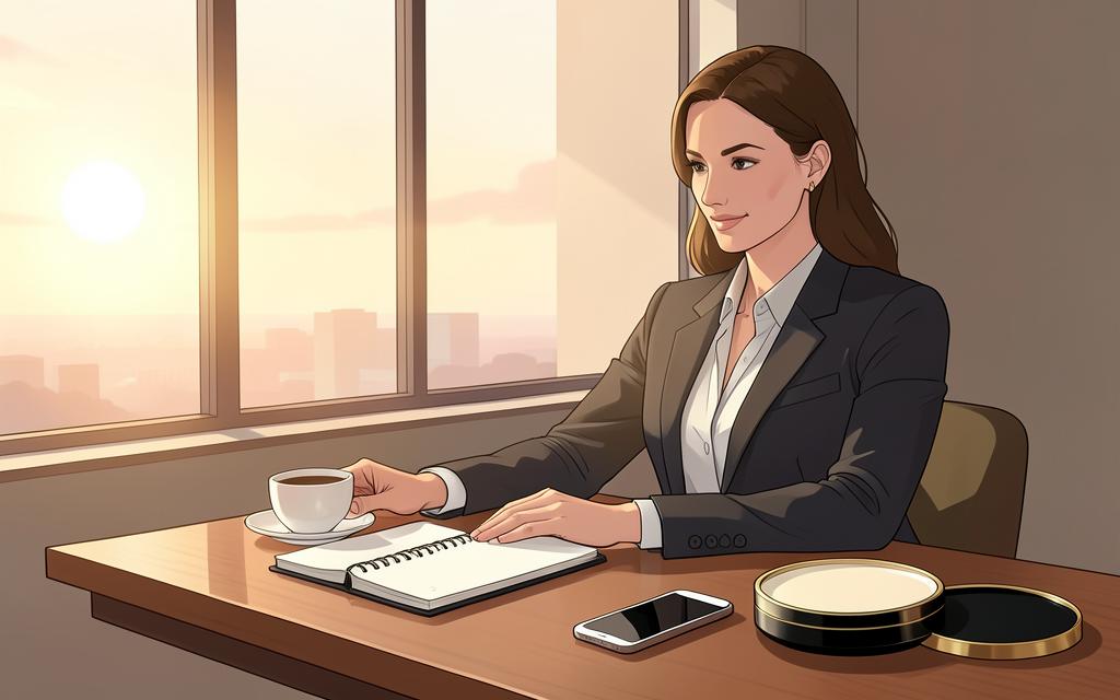 Empresária começando o dia com café e caderno de anotações